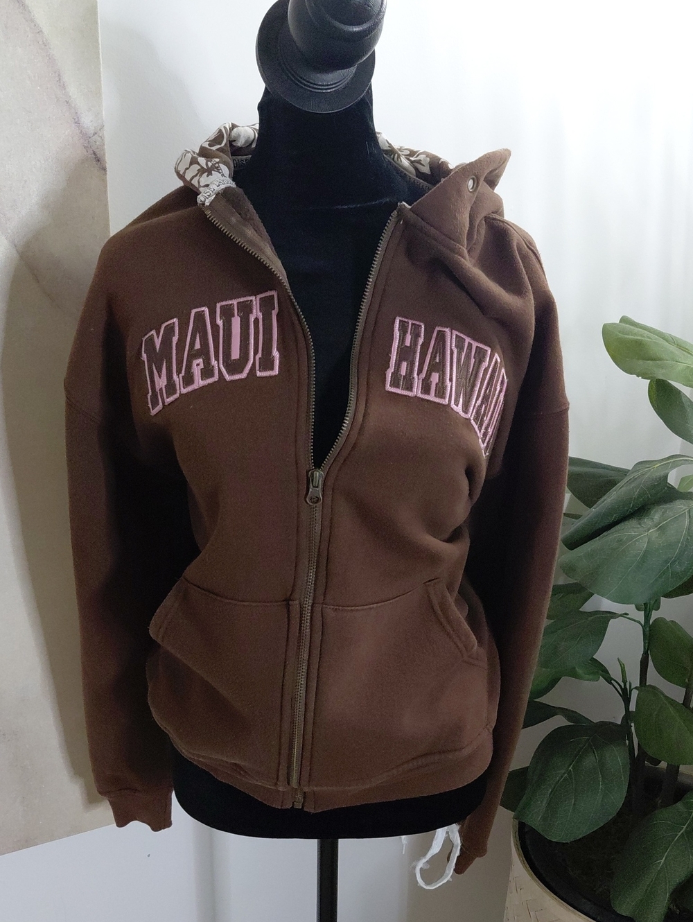 Maui Hawaii Brown Utility Zip-Up Jacket with Pink Lettering